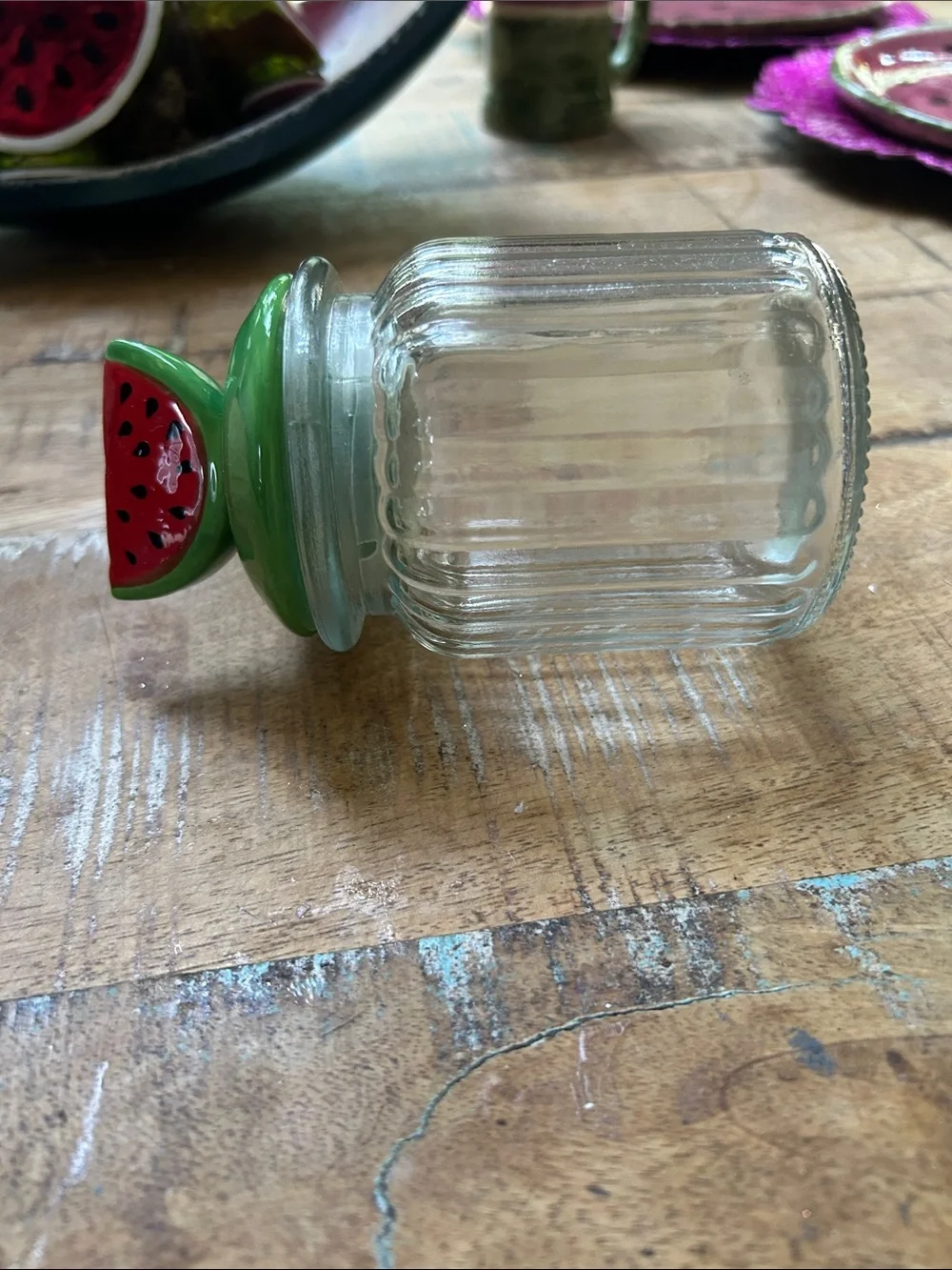 Watermelon-Top Green Lid Glass Spice Jar - Decorative Kitchen NWOT Canister
